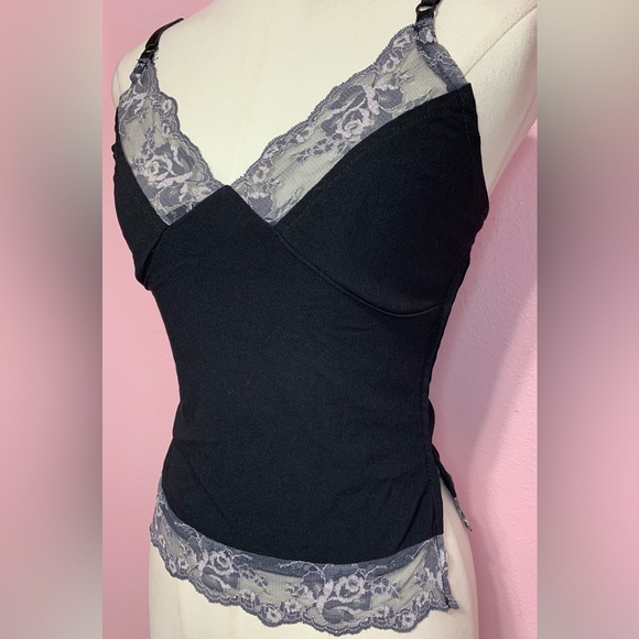 VTG 90s/Y2K Black Bustier Tank Top w/ Grey Lace Trim - Size 3 - Picture 2 of 9